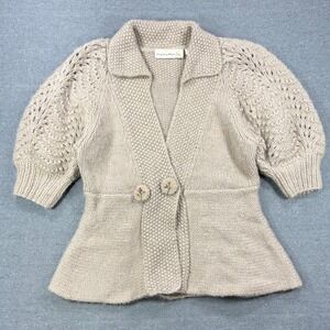 Charlie & Robin Cardigan Sweater Womens Med. Tan Wool Alpaca Puff Sleeve Floral